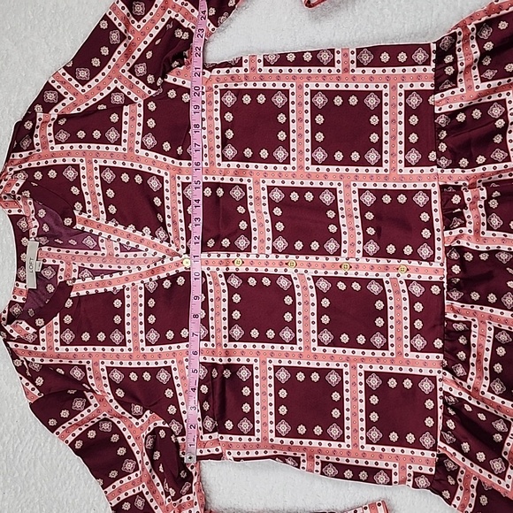 Ann Taylor LOFT Multicolor Long Sleeve Geometric Border Flounce Shirt Dress - Picture 5 of 11